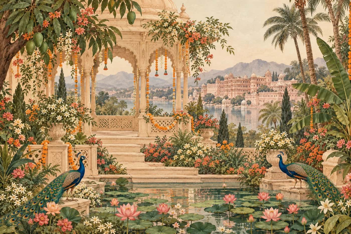 Hand-painted Indian courtyard with a scalloped pavilion, marigolds, lush gardens and peacocks